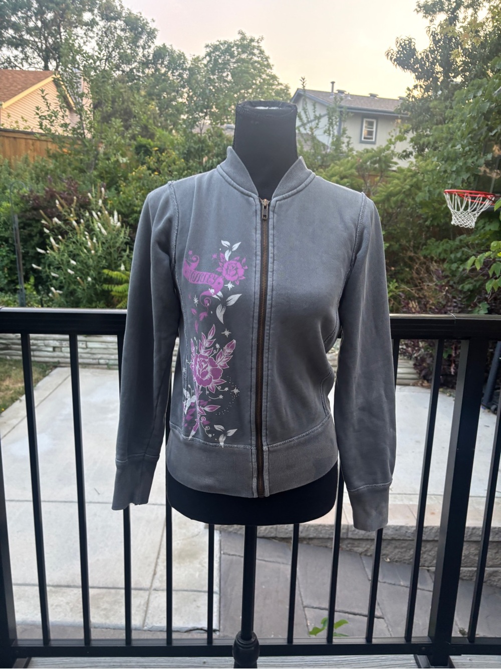 Hurley Gray Bomber Jacket with Pinkish Purple Floral Graphic